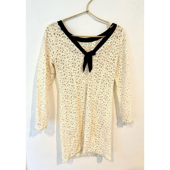Milly Cream/Black Eyelet Shift Mini Dress Women's Size 2 Coquette Preppy Dainty - Picture 12 of 16